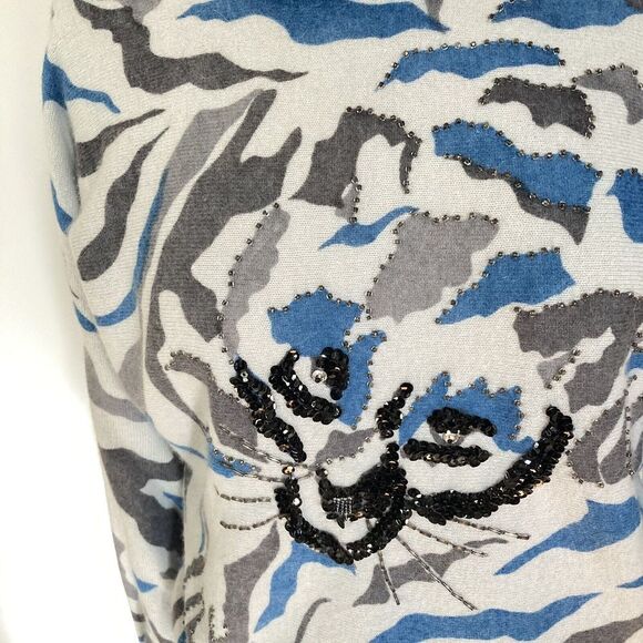 Vtg Sweater 80s 90s Blue Tiger Beaded Sequins Wool Angora Cat Lady NEW Deadstock - Picture 2 of 7